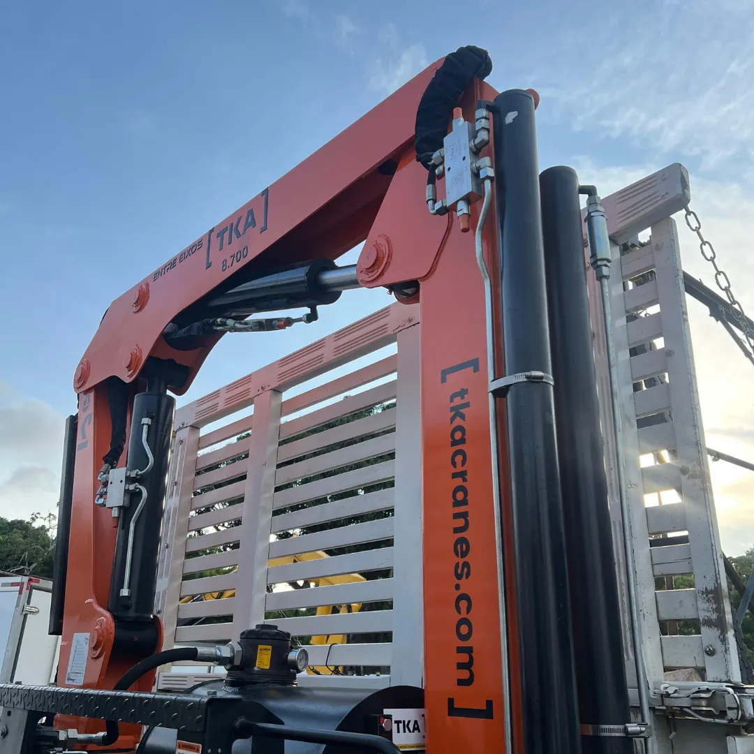 Guindaste articulado Munck TKA 8.700 instalado em caminhão, ideal para içamento e movimentação de cargas pesadas