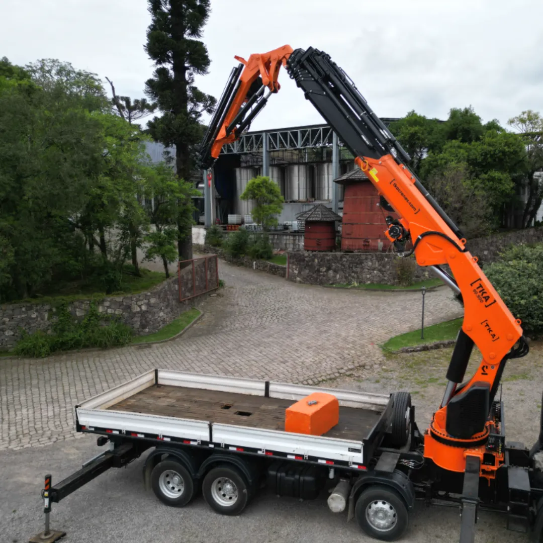 Guindaste articulado Munck TKA 90.900 + Fly Jib instalado em caminhão visão lateral